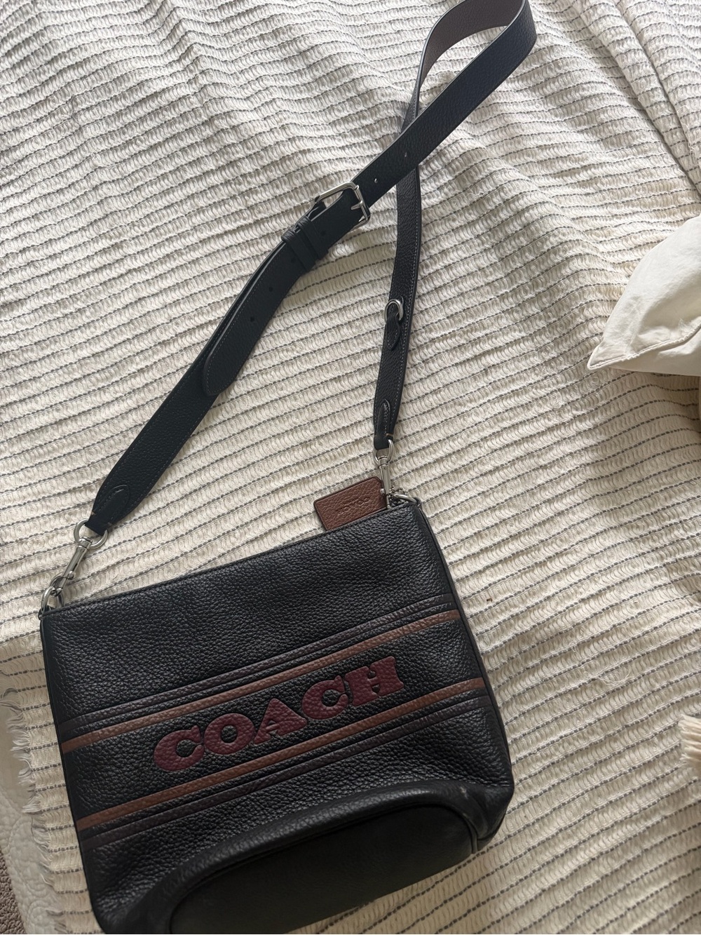 Coach Black Leather Crossbody Logan Duffle with Brown Logo Stripes